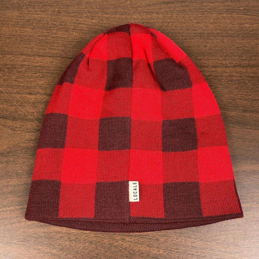 Locale Colorado Beanie 50% Merino Blend Buffalo Plaid Check Knit Cap Red Maroon